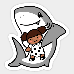 Shark Pup Morgan & Their Doll (Medium Tones, Pigtails, Smock Dress) Sticker